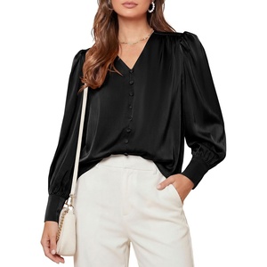 image:imagePRETTYGARDEN Satin Long Sleeve Womens Blouses Dressy Casual  Glossy Smooth Silk FabricLantern Sleeve Fall TopsDecorative Button PulloverV Neck ShirtsOffice Work Business OutfitsBlack