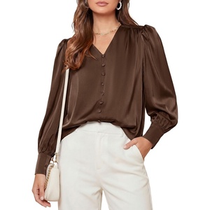 image:imagePRETTYGARDEN Satin Long Sleeve Womens Blouses Dressy Casual  Glossy Smooth Silk FabricLantern Sleeve Fall TopsDecorative Button PulloverV Neck ShirtsOffice Work Business OutfitsBrown