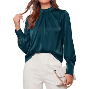 image:imagePRETTYGARDEN Satin Tops for Women Mock Neck Pleated Long Sleeve Shirts  Wrinkle Resistant Silky BlousesDressy Casual Fall ClothesVersatile Business Casual OufitsFashion ClothingDark Cyan