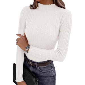 image:imagePRETTYGARDEN Womens Fall Long Sleeve Fitted Shirts  Comfy Stretchy Cable Knit Trendy Lettuce Trim Mock Neck Casual Basic Tees Cute Layering Tops 2026 Fashion ClothingWhite