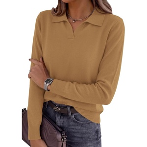 image:imagePRETTYGARDEN Womens Long Sleeve Collared Polo Sweater V Neck Knit Ribbed Business Casual Pullover Sweaters 2026 Fall OutfitsKhaki