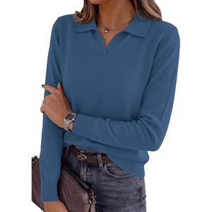 image:imagePRETTYGARDEN Womens Long Sleeve Collared Polo Sweater V Neck Knit Ribbed Business Casual Pullover Sweaters 2026 Fall OutfitsNavy Blue