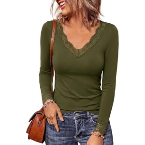 image:imagePRETTYGARDEN Womens Long Sleeve Shirts Cute Lace V Neck Tops  Trendy Going Out Crop Top Sexy Stretchy Fitted Blouses 2026 Fall Clothes Lightweight Winter Undershirts Tees Base LayerArmy Green