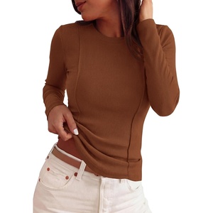 image:imagePRETTYGARDEN Womens Long Sleeve Shirts Fall Ribbed Basic Tee  Soft Stretchy Slim Fitted Tops Cute Going Out Y2K Clothes Daily Wear Business Casual Work Blouses Trendy Fashion LayeringBrown