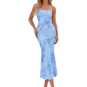 image:imagePRETTYGARDEN Womens Wedding Guest Floral Midi Tube Dress  Lightweight Soft Mesh FormFitting Bodycon Strapless Side Slit Elegant for Cocktails Homecoming Parties amp Formal EventsLight Blue