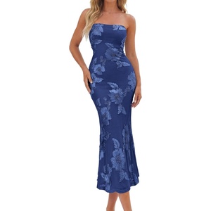image:imagePRETTYGARDEN Womens Wedding Guest Floral Midi Tube Dress  Lightweight Soft Mesh FormFitting Bodycon Strapless Side Slit Elegant for Cocktails Homecoming Parties amp Formal EventsDark Blue