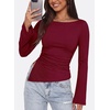 image:imagePRETTYGARDEN Womens Bell Long Sleeve Going Out Tops Asymmetric Shirts  Soft Ribbed KnitRuched Side Slim Fit TeesGoing Out Date Night OutfitFall Clothes 2026Business CasualampTravel All Day WearWine Red