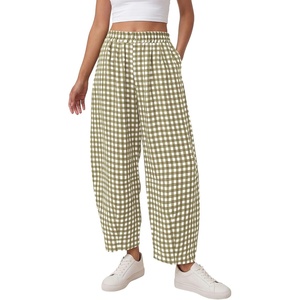 image:imagePRETTYGARDEN Plaid Barrel Pants Women Summer 2026 Casual Loose Wide Leg Lounge Gingham Trousers Spring Fashion Beach BottomsArmy Green Plaid