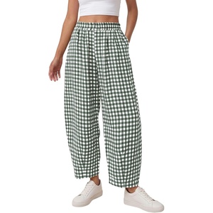 image:imagePRETTYGARDEN Plaid Barrel Pants Women Summer 2026 Casual Loose Wide Leg Lounge Gingham Trousers Spring Fashion Beach BottomsDark Green Plaid