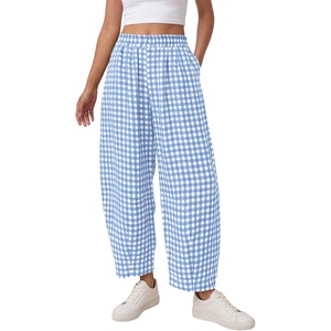 image:imagePRETTYGARDEN Plaid Barrel Pants Women Summer 2026 Casual Loose Wide Leg Lounge Gingham Trousers Spring Fashion Beach BottomsLight Blue Plaid