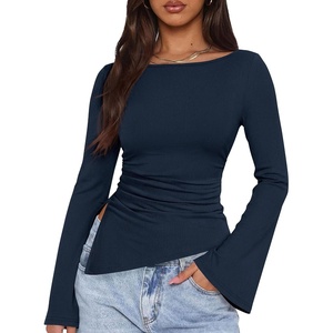 image:imagePRETTYGARDEN Womens Bell Long Sleeve Going Out Tops Asymmetric Shirts  Soft Ribbed KnitRuched Side Slim Fit TeesGoing Out Date Night OutfitFall Clothes 2026Business CasualampTravel All Day WearNavy