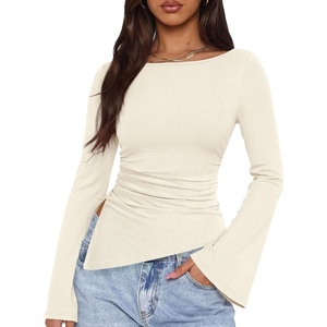image:imagePRETTYGARDEN Womens Bell Long Sleeve Going Out Tops Asymmetric Shirts  Soft Ribbed KnitRuched Side Slim Fit TeesGoing Out Date Night OutfitFall Clothes 2026Business CasualampTravel All Day WearBeige