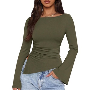 image:imagePRETTYGARDEN Womens Bell Long Sleeve Going Out Tops Asymmetric Shirts  Soft Ribbed KnitRuched Side Slim Fit TeesGoing Out Date Night OutfitFall Clothes 2026Business CasualampTravel All Day WearArmy Green