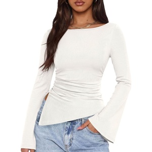 image:imagePRETTYGARDEN Womens Bell Long Sleeve Going Out Tops Asymmetric Shirts  Soft Ribbed KnitRuched Side Slim Fit TeesGoing Out Date Night OutfitFall Clothes 2026Business CasualampTravel All Day WearWhite
