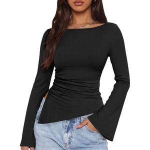 image:imagePRETTYGARDEN Womens Bell Long Sleeve Going Out Tops Asymmetric Shirts  Soft Ribbed KnitRuched Side Slim Fit TeesGoing Out Date Night OutfitFall Clothes 2026Business CasualampTravel All Day WearBlack