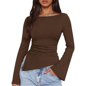 image:imagePRETTYGARDEN Womens Bell Long Sleeve Going Out Tops Asymmetric Shirts  Soft Ribbed KnitRuched Side Slim Fit TeesGoing Out Date Night OutfitFall Clothes 2026Business CasualampTravel All Day WearBrown