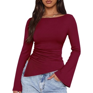 image:imagePRETTYGARDEN Womens Bell Long Sleeve Going Out Tops Asymmetric Shirts  Soft Ribbed KnitRuched Side Slim Fit TeesGoing Out Date Night OutfitFall Clothes 2026Business CasualampTravel All Day WearWine Red