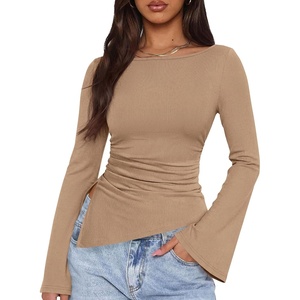 image:imagePRETTYGARDEN Womens Bell Long Sleeve Going Out Tops Asymmetric Shirts  Soft Ribbed KnitRuched Side Slim Fit TeesGoing Out Date Night OutfitFall Clothes 2026Business CasualampTravel All Day WearKhaki