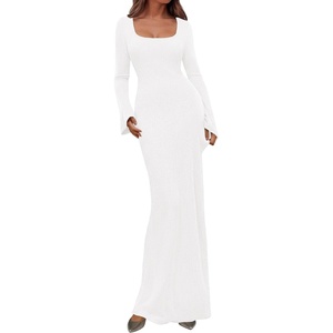 image:imagePRETTYGARDEN Womens Fall Long Sleeve Maxi Bodycon Dresses  Soft Stretchy Ribbed Knit Bell Sleeve Square Neck Mermaid Elegant Long Dress Wedding Guest Party 2026 Winter ClothingWhite