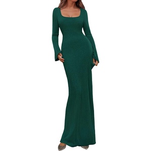 image:imagePRETTYGARDEN Womens Fall Long Sleeve Maxi Bodycon Dresses  Soft Stretchy Ribbed Knit Bell Sleeve Square Neck Mermaid Elegant Long Dress Wedding Guest Party 2026 Winter ClothingDark Green