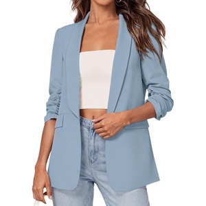 image:imagePRETTYGARDEN Womens 2026 Spring Blazers Business Casual Outfits Open Front Ruched 34 Sleeve Lightweight Work Suits JacketsLight Blue