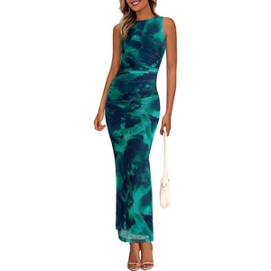 image:imagePRETTYGARDEN Womens Summer Wedding Guest Maxi Dress 2026 Spring Formal Floral Mesh Sleeveless Bodycon Vacation Long DressesLake Blue Floral
